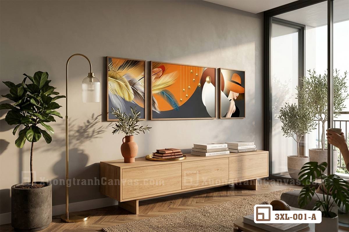 bo-tranh-canvas-truu-tuong-tren-ke-tivi-go Bộ tranh canvas trừu tượng đặt trên kệ tivi gỗ hiện đại