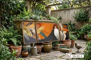 Bộ tranh trừu tượng lông vũ: Nghệ thuật điểm nhấn sang trọng cho không gian sống hiện đại 3XL 001 A m4 tranh truu tuong long vu mau sac nhiet doi nghe thuat treo trong san vuon xanh mat