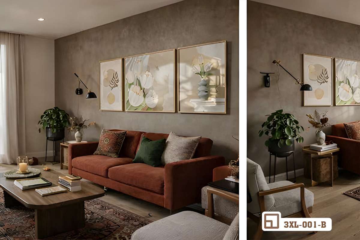 bức tranh hoa tulip nghệ thuật treo tường phòng khách phong cách tối giản bộ tranh hoa tulip nghệ thuật treo trên mảng tường trống trải của phòng khách hiện đại tràn ngập ánh sáng