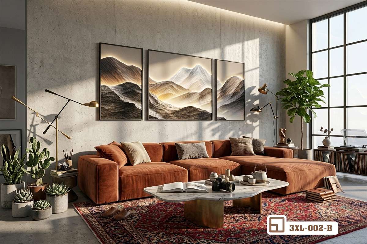 tranh phong cảnh núi non treo tường phòng khách sofa cam đất hiện đại Bức tranh phong cảnh núi non treo tường tinh tế trong phòng khách có điểm nhấn bộ sofa màu cam đất