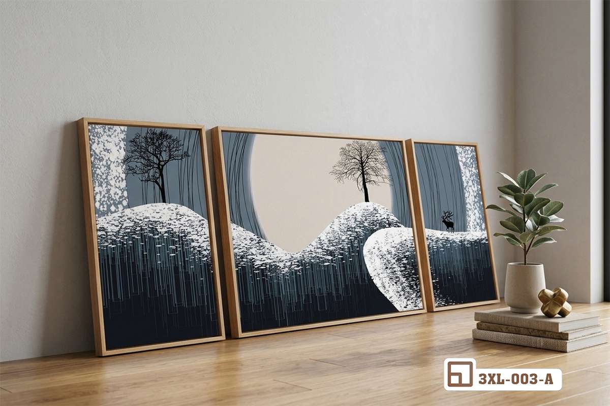 bộ tranh thiên nhiên mùa đông đặt dựa sát tường gỗ Tranh phong cảnh mùa đông trừu tượng đặt sàn nhà gỗ