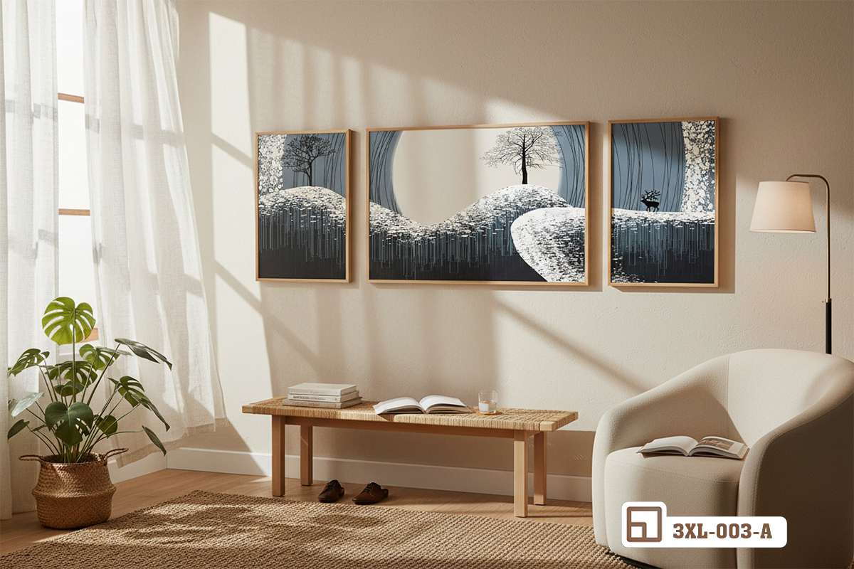 tranh bộ thiên nhiên mùa đông treo tường phòng khách sáng Bộ tranh treo tường phòng khách phong cách mùa đông tĩnh lặng