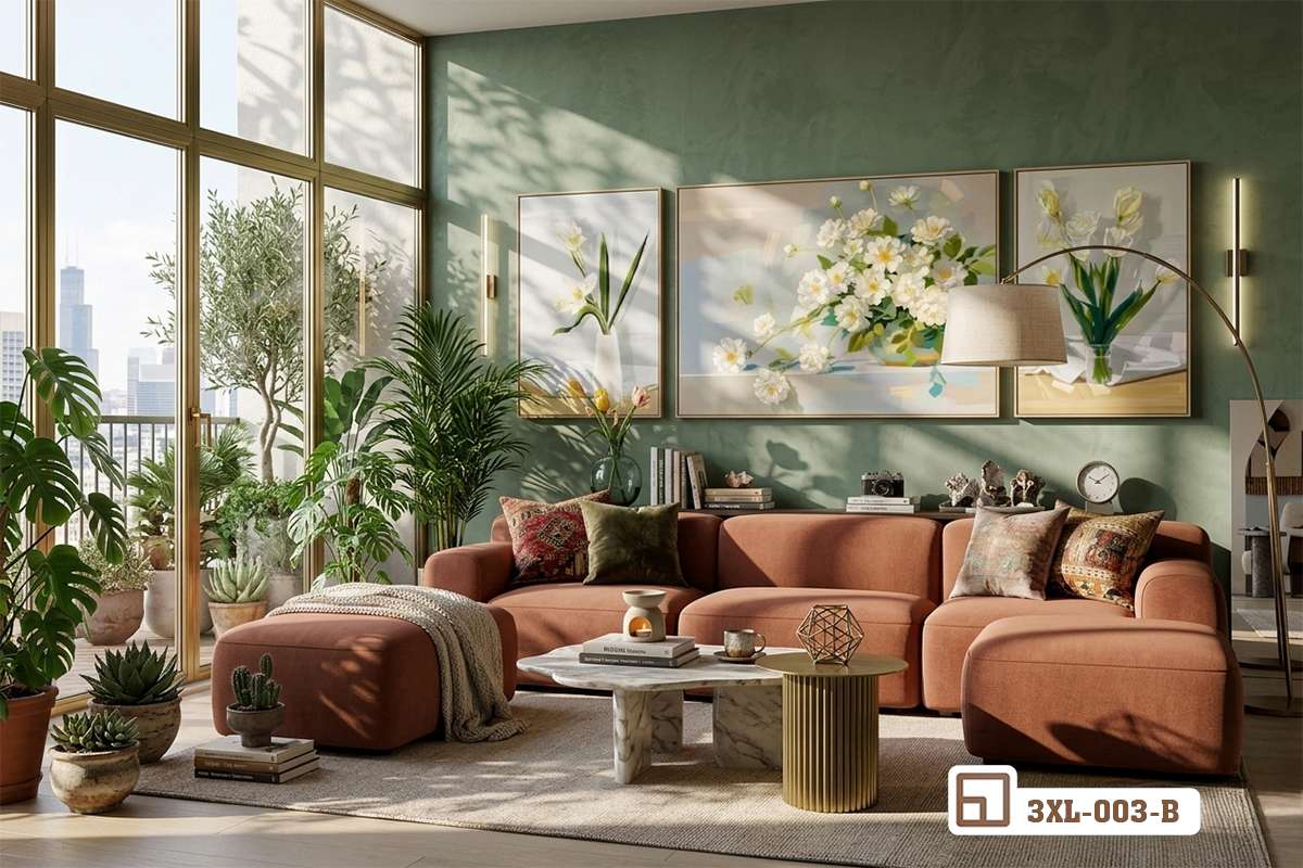 bộ tranh hoa tươi treo phòng khách ghế sofa đỏ ấm cúng Góc phòng khách ấm cúng với bộ tranh bình hoa tươi treo tường phía trên bộ ghế sofa màu đỏ nổi bật