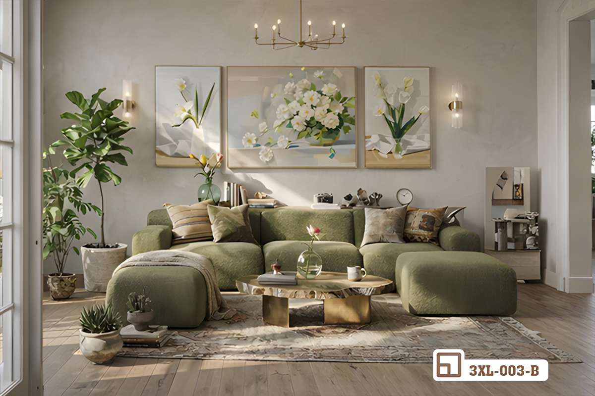 tranh bình hoa tươi kết hợp sofa góc xanh ngọc lục bảo Góc nhìn rộng không gian phòng khách hiện đại có bộ sofa góc xanh ngọc và tranh bình hoa tươi trang trí