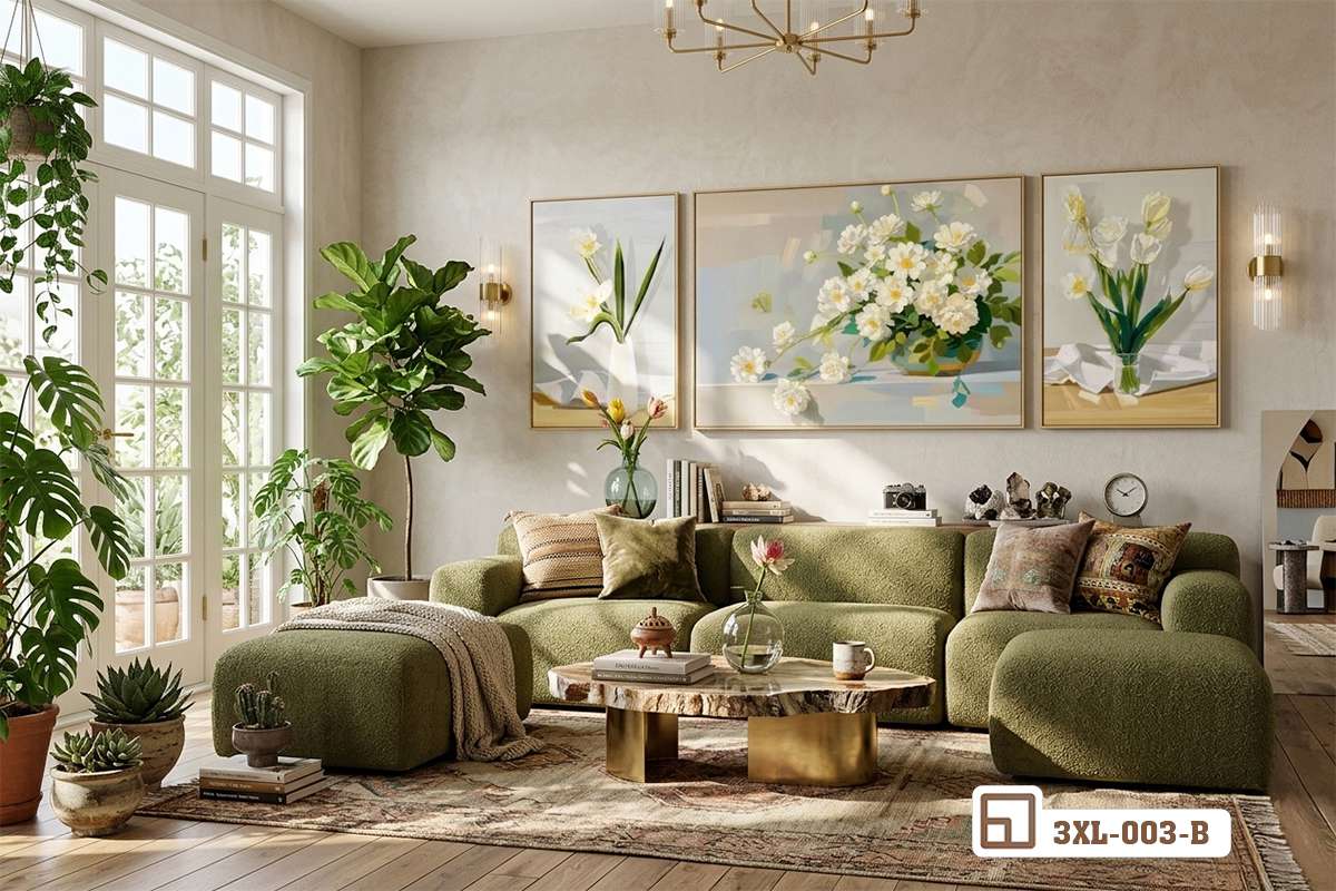 tranh bình hoa tươi phối cảnh ánh đèn vàng ấm áp Không gian sống sang trọng với ánh đèn vàng soi bóng lên bộ tranh bình hoa tươi tinh xảo đầy tính nghệ thuật