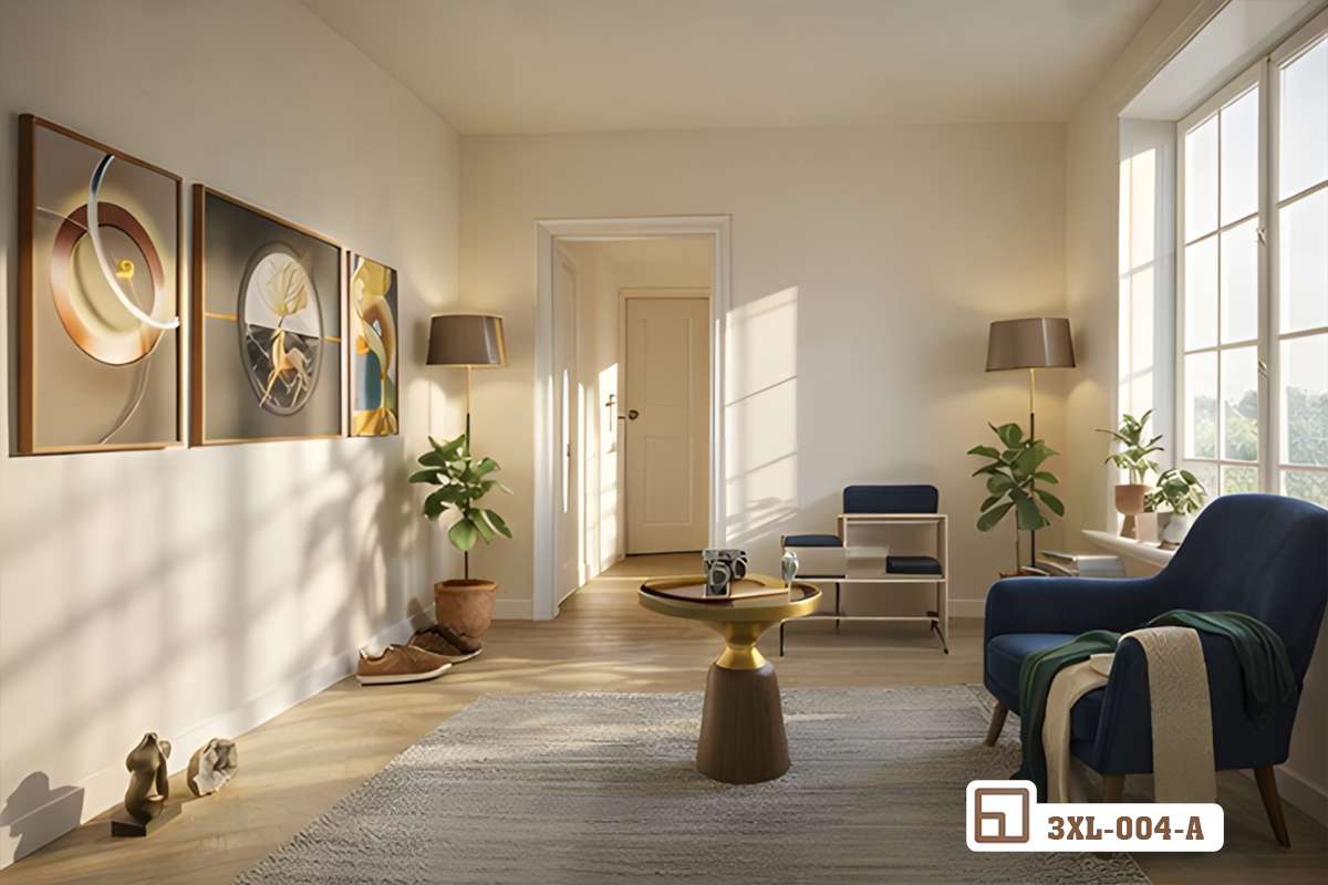 tranh treo tường phòng khách cao cấp cạnh góc bàn trà và ghế sofa xanh Bộ tranh treo tường phòng khách đặt gần khu vực bàn trà kim loại và ghế sofa màu xanh lịch lãm