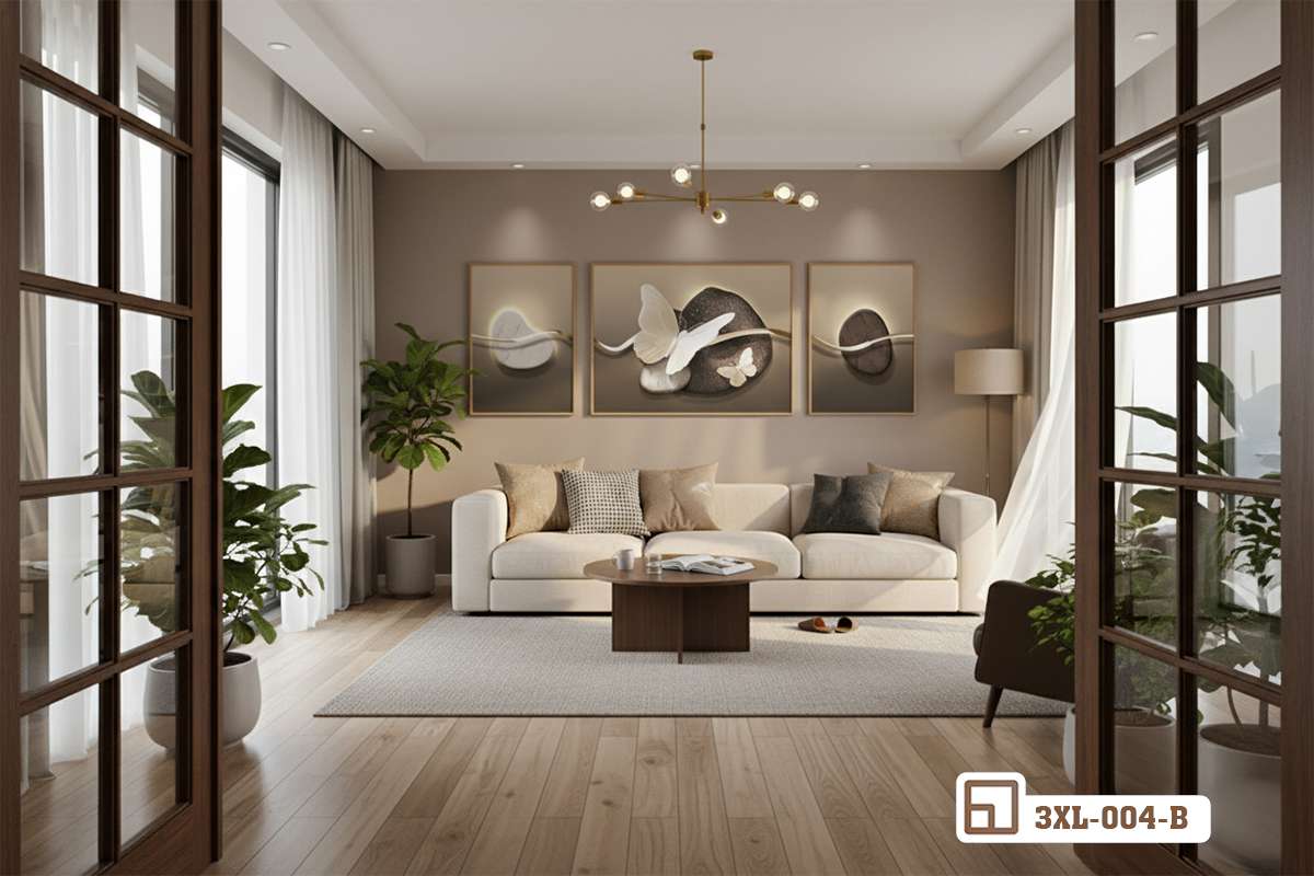 tranh canvas bướm đá bố trí phòng khách tủ gỗ bàn trà hiện đại Bộ tranh bướm đá nghệ thuật treo trang trí mảng tường phòng khách kết hợp tủ gỗ thấp và bàn trà hiện đại