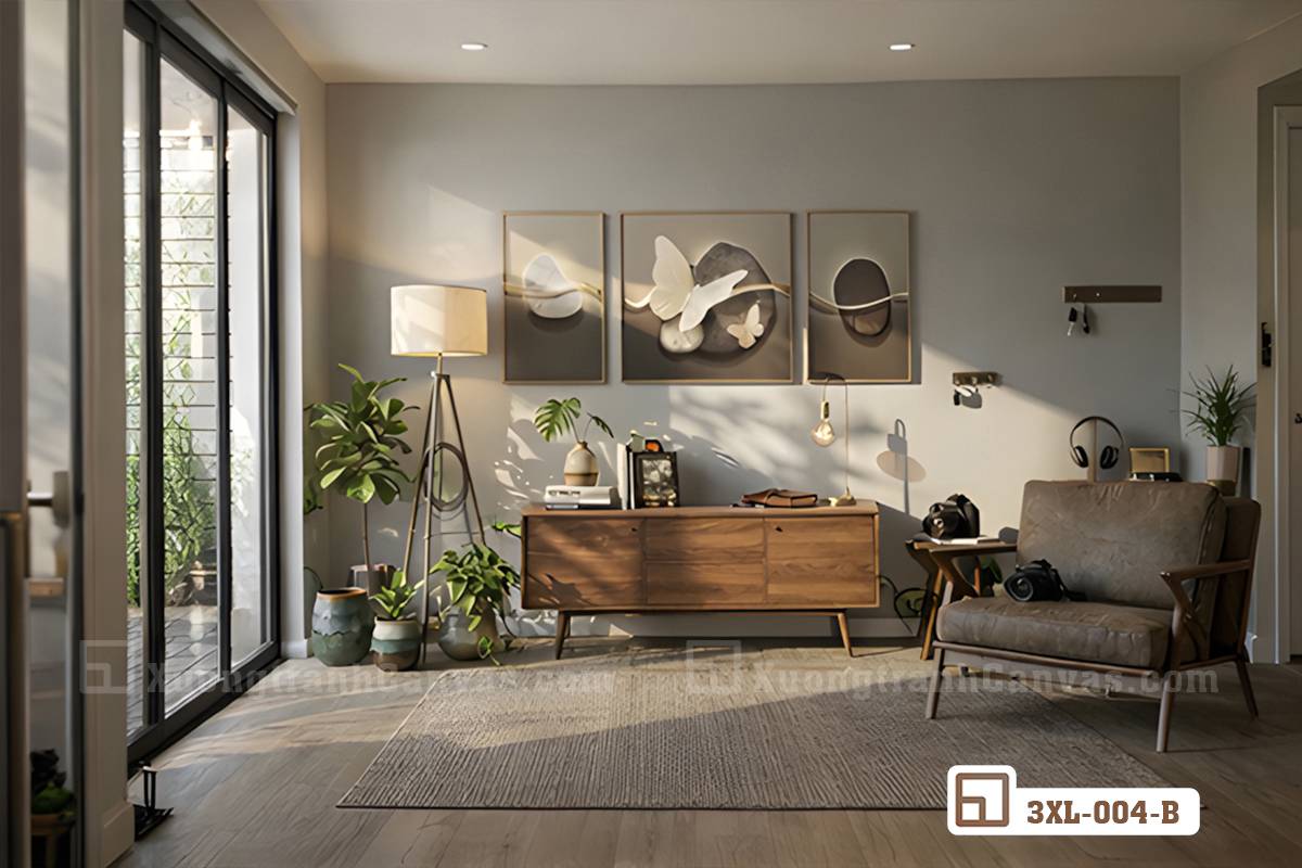 tranh-duong-dai-canh-buom-treo-tren-tu-do-trang-tri-go Bộ tranh canvas trừu tượng cánh bướm kết hợp cùng ghế armchair thư giãn hiện đại