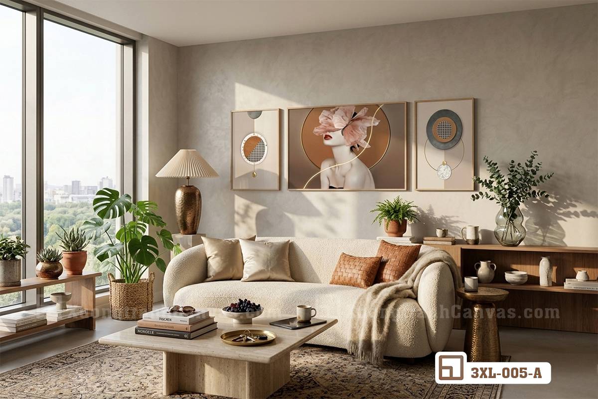 tranh-hien-dai-co-gai-hoa-hong-treo-tren-sofa-kem-trung-tinh Bộ ba tranh hiện đại cô gái hoa hồng treo phía trên sofa da xám beige cao cấp