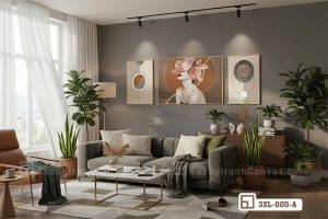 Tranh hiện đại cô gái hoa hồng tinh tế tạo điểm nhấn nghệ thuật cho phòng khách 3XL 005 A m8 tranh hien dai co gai hoa hong tao khong gian thu gian sang trong chuan khach san
