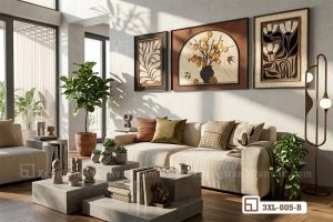 Tranh mộc mạc bình quả hồng: Giải pháp decor rustic sang trọng cho không gian hiện đại 3XL 005 B m2 tranh moc mac binh qua hong bo 3 tac pham treo tuong phong khach phong cach am cung