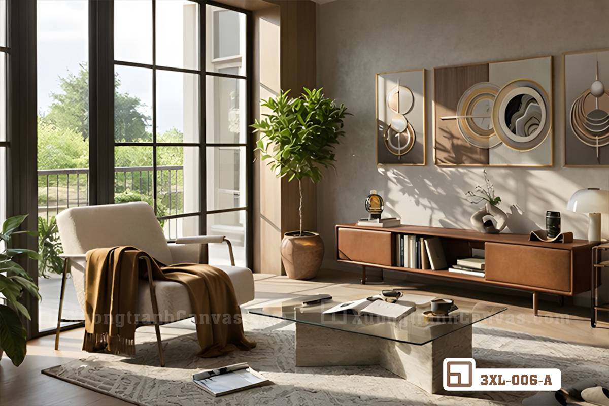 tranh-canvas-quy-co-mu-rong-treo-tren-ke-tivi-go-cao-cap Tranh canvas quý cô mũ rộng đặt cân bằng phía trên kệ tivi gỗ tự nhiên màu trầm