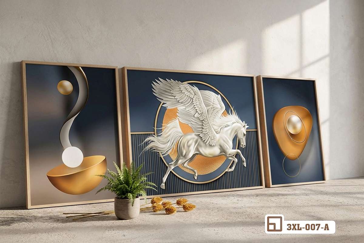 bo-tranh-ngua-than-phong-thuy-dat-tren-san-go-tun-decor Bộ tranh ngựa thần phong thủy ba tấm đặt dựa tường trên sàn gỗ tự nhiên hiện đại
