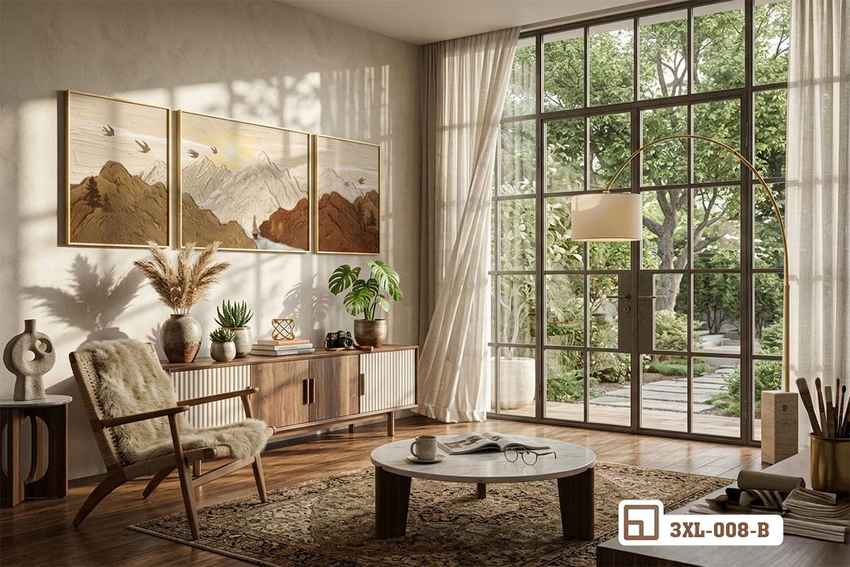 Bộ tranh phong cảnh mùa thu ghép 3 tấm bài trí hài hòa cạnh khung cửa sổ lớn hướng vườn Tranh phong cảnh mùa thu đặt góc tiểu cảnh sân vườn cạnh bình gốm