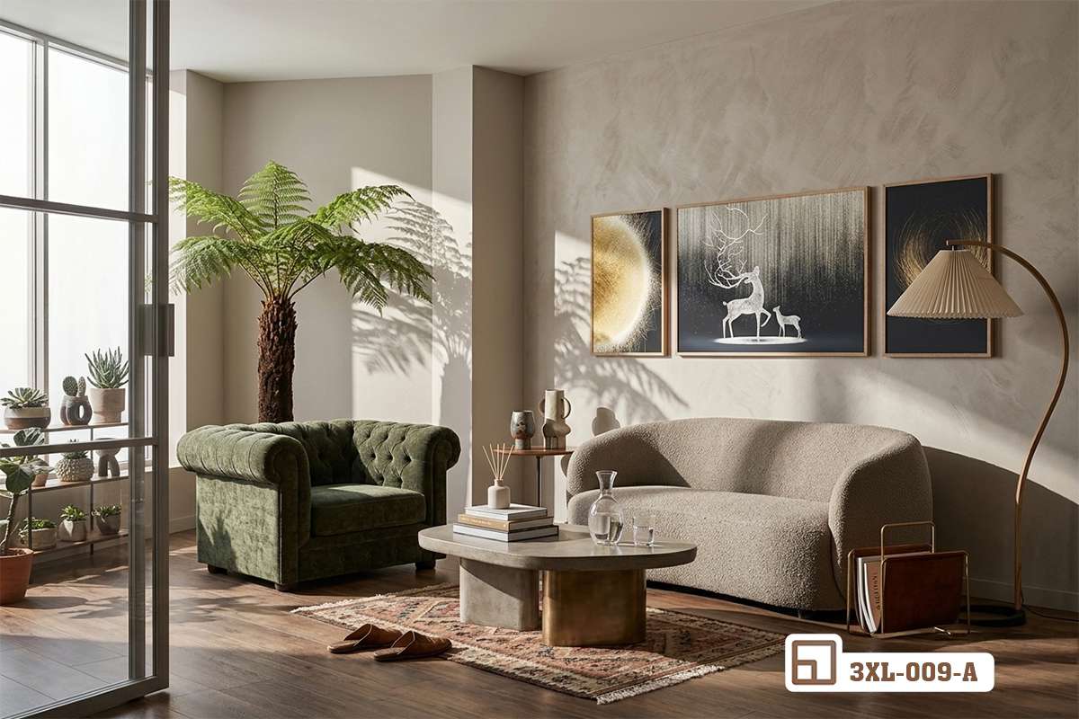 bộ tranh hươu vàng treo trên tường phòng khách có ghế sofa xanh Góc nhìn không gian phòng khách trang nhã với bộ tranh hươu vàng làm điểm nhấn