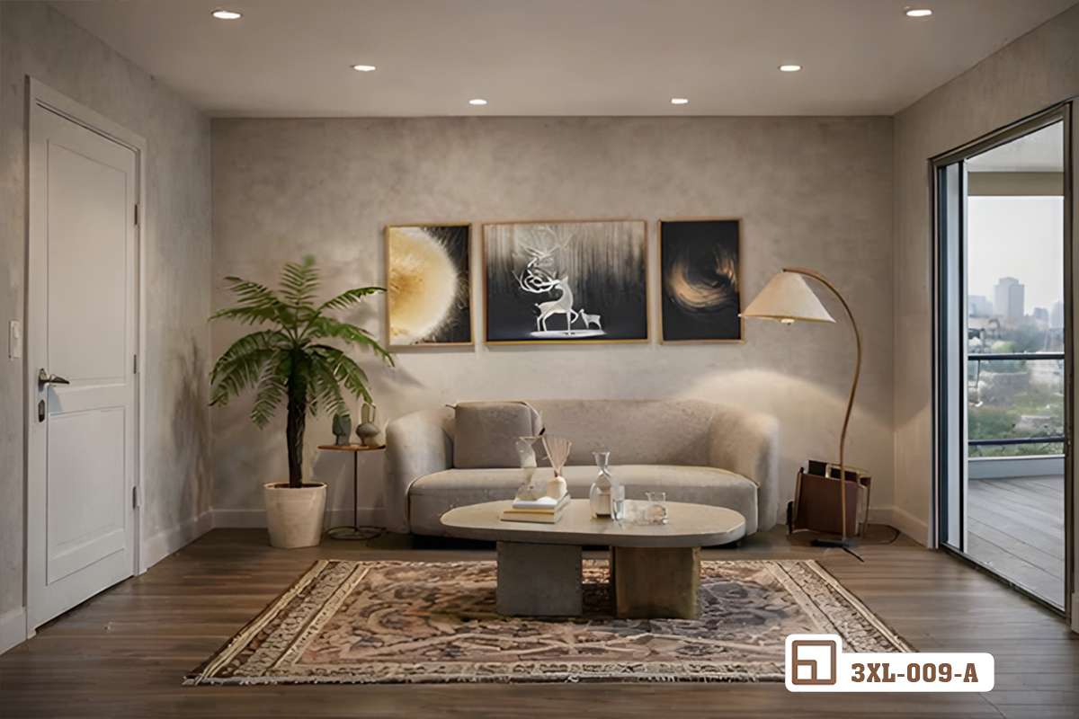 bộ tranh hươu vàng treo trong phòng khách rộng rãi cửa kính Cận cảnh bộ tranh hươu vàng nghệ thuật đặt tại phòng khách tràn ngập ánh sáng