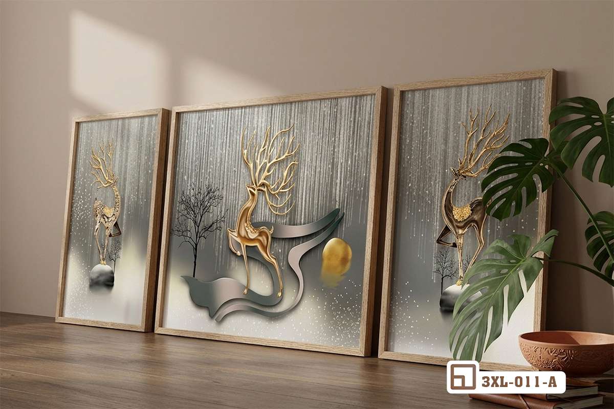 Tranh hươu vàng tài lộc thịnh vượng: Biểu tượng của sự phú quý và bình an vĩnh cửu 3XL 011 A m1 tranh huou vang tai loc kho lon tua tuong go sang trong
