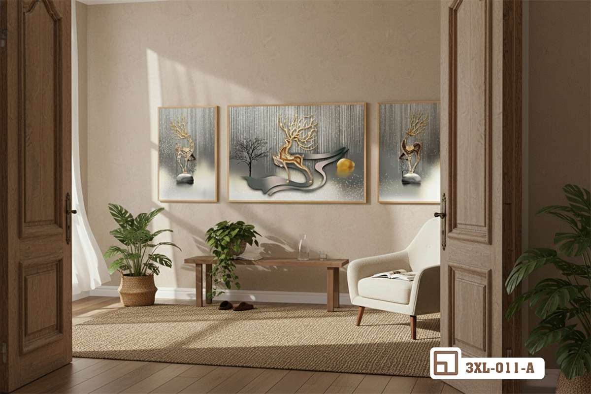 Tranh hươu vàng tài lộc thịnh vượng: Biểu tượng của sự phú quý và bình an vĩnh cửu 3XL 011 A m3 tranh huou vang tai loc khung go tinh te goc nhin mo