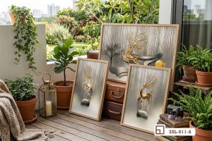 Tranh hươu vàng tài lộc thịnh vượng: Biểu tượng của sự phú quý và bình an vĩnh cửu 3XL 011 A m4 tranh huou vang tai loc phoi canh ban cong xanh mat xuongtranhcanvas