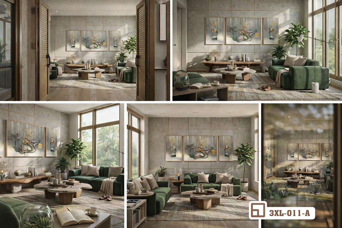 Tranh hươu vàng tài lộc thịnh vượng: Biểu tượng của sự phú quý và bình an vĩnh cửu 3XL 011 A m5 tranh huou vang tai loc bo collage da goc nhin dang cap