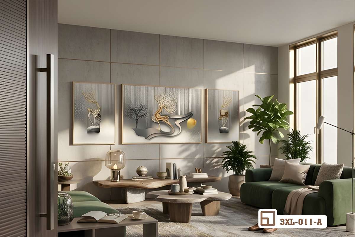 Tranh hươu vàng tài lộc thịnh vượng: Biểu tượng của sự phú quý và bình an vĩnh cửu 3XL 011 A m6 tranh huou vang tai loc goc rong phong khach hoang gia