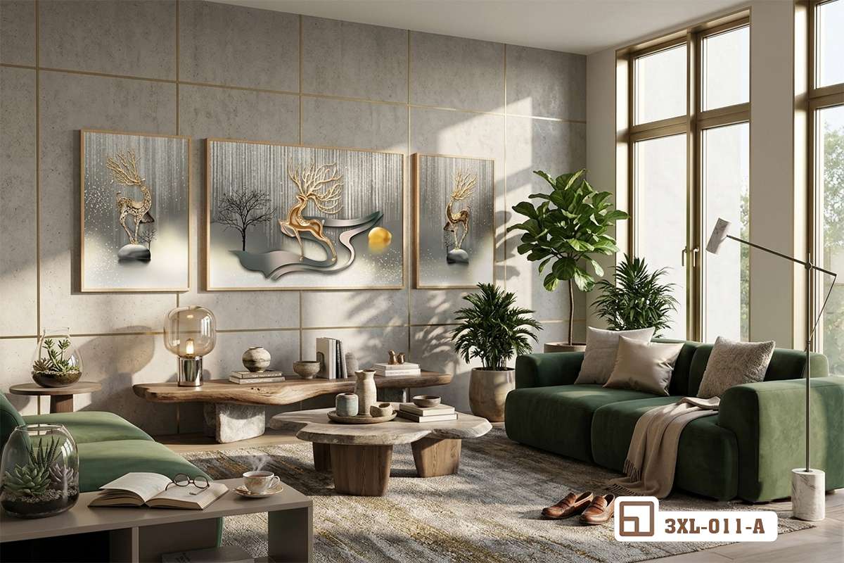 Tranh hươu vàng tài lộc thịnh vượng: Biểu tượng của sự phú quý và bình an vĩnh cửu 3XL 011 A m8 tranh huou vang tai loc diem nhan tuong be tong hien dai