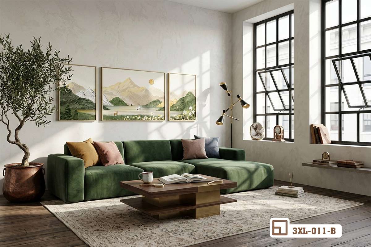tranh phong cảnh Bắc Âu treo tường phía trên ghế sofa trắng trong phòng khách Góc phòng khách hiện đại với bộ tranh phong cảnh Bắc Âu treo phía trên ghế sofa bọc da trắng sang trọng