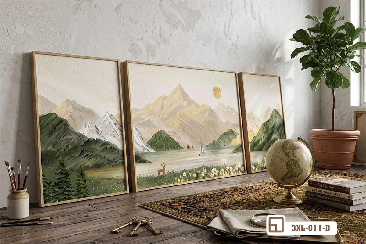 tranh phong cảnh khổ lớn kết hợp bàn cầu địa cầu và thảm trải sàn lông cừu Bộ tranh phong cảnh khổ lớn đặt cạnh chiếc bàn trưng bày quả địa cầu trên thảm lông cừu êm ái