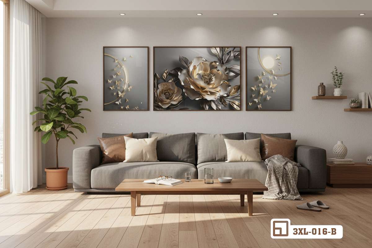 Tranh hoa mẫu đơn mạ vàng - Biểu tượng vương giả mang vượng khí và phú quý vào nhà 3XL 016 B m3 tranh hoa mau don ma vang phong ngu master vuong gia