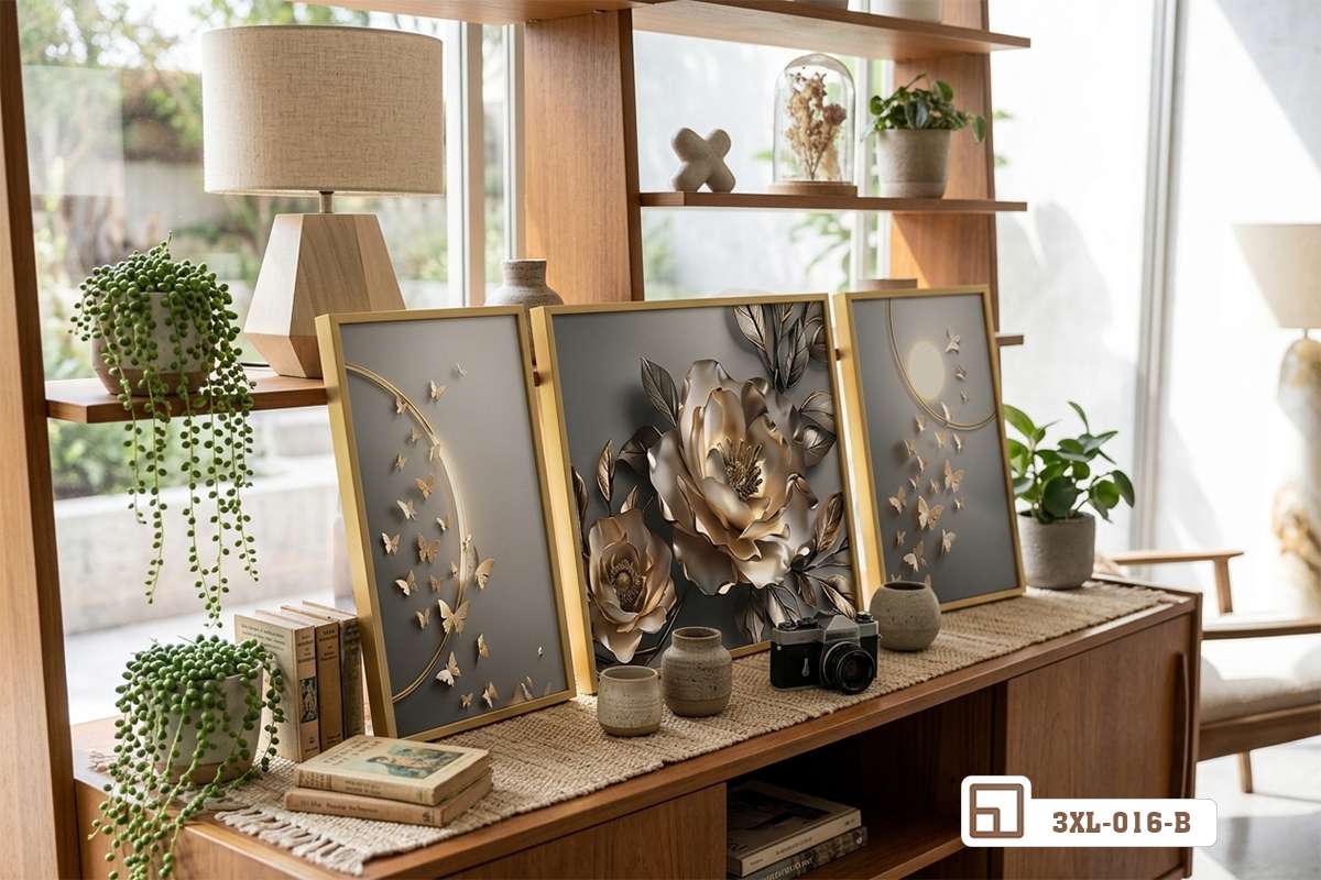 Tranh hoa mẫu đơn mạ vàng - Biểu tượng vương giả mang vượng khí và phú quý vào nhà 3XL 016 B m4 tranh hoa mau don ma vang phoi ban go moc mac tinh te