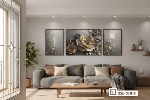 Tranh hoa mẫu đơn mạ vàng - Biểu tượng vương giả mang vượng khí và phú quý vào nhà 3XL 016 B m6 tranh hoa mau don ma vang hanh lang thong tang dang cap xuongtranhcanvas