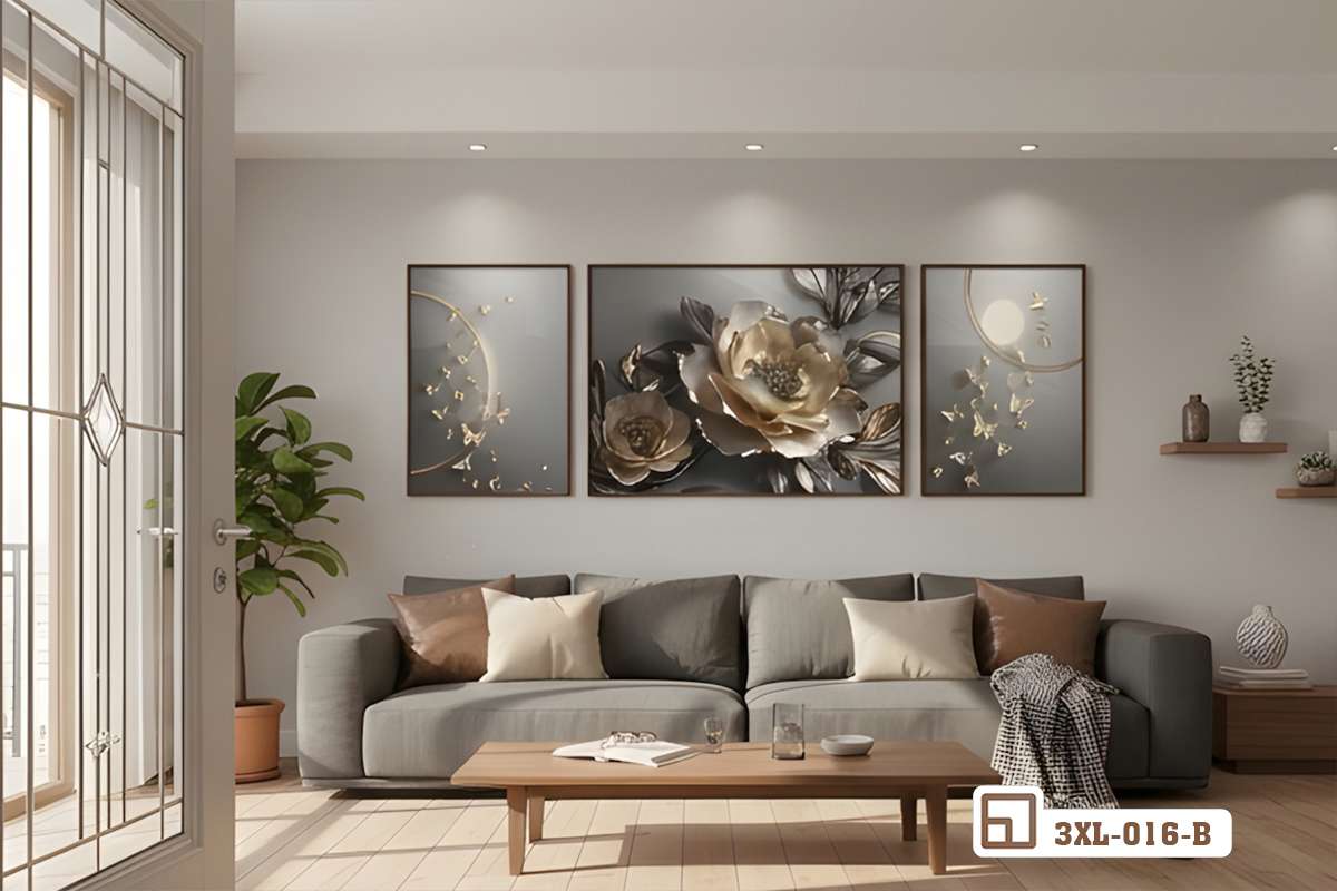 Tranh hoa mẫu đơn mạ vàng - Biểu tượng vương giả mang vượng khí và phú quý vào nhà 3XL 016 B m6 tranh hoa mau don ma vang hanh lang thong tang dang cap