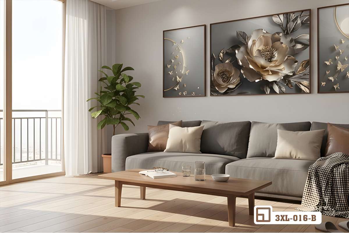 Tranh hoa mẫu đơn mạ vàng - Biểu tượng vương giả mang vượng khí và phú quý vào nhà 3XL 016 B m7 tranh hoa mau don ma vang phong ngu anh den vang am
