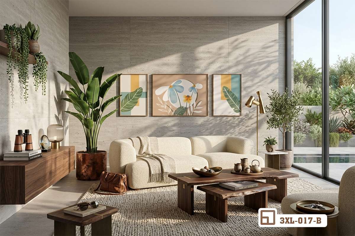 Bộ tranh hoa lá tối giản bài trí không gian phòng khách hiện đại thoáng đãng Bộ tranh hoa lá ba bức treo mảng tường lớn mang lại cảm giác thư thái