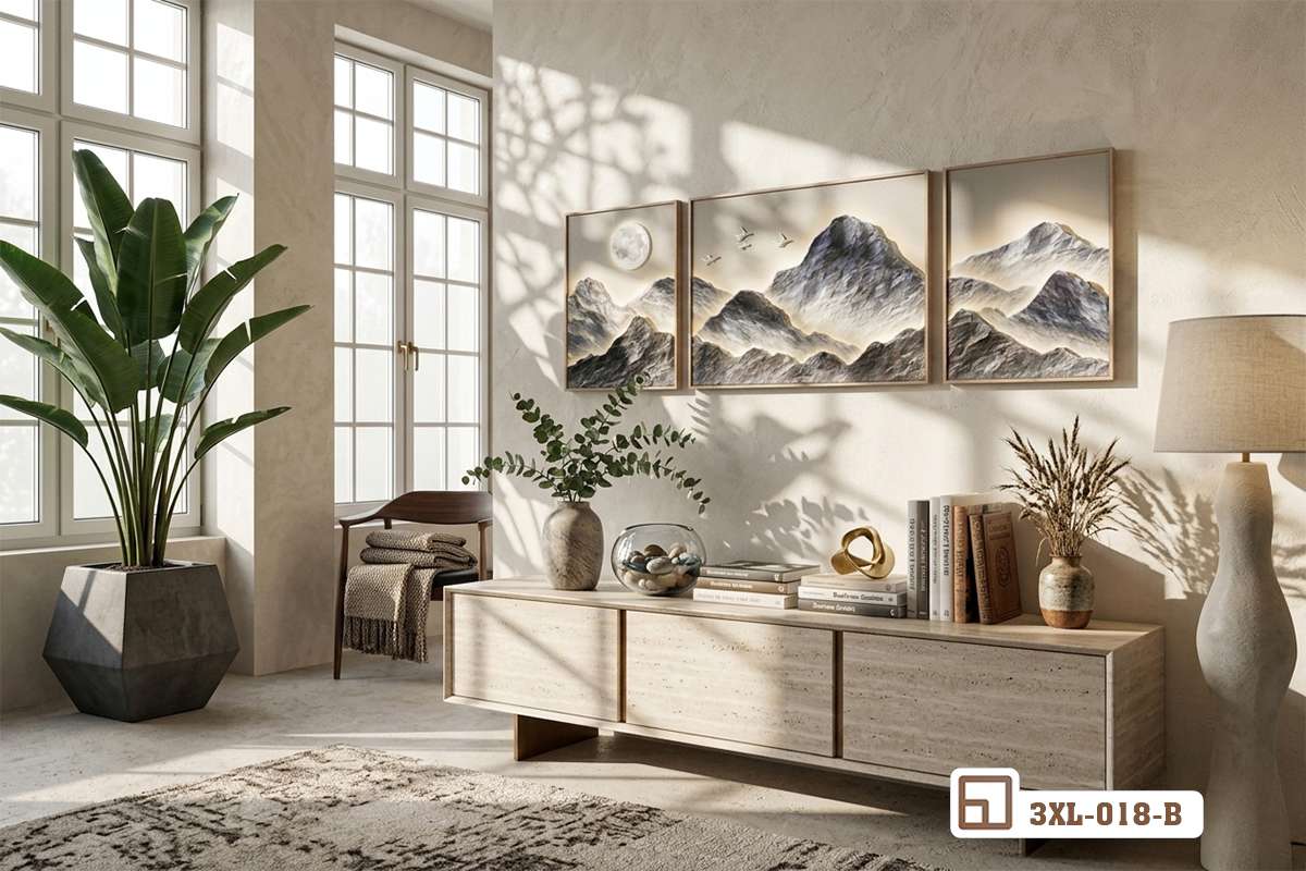 Góc nhìn toàn cảnh bộ tranh núi non treo tường phòng khách thoáng đãng ngập nắng Tranh phong cảnh núi non nghệ thuật mộc mạc treo mảng tường lớn phòng khách hiện đại