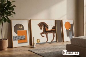Tranh ngựa phong thủy - Biểu tượng tài lộc và vượng khí thịnh vượng 3XL 019 A m2 bo tranh ngua phong thuy dat san phong khach phong cach toi gian xuongtranhcanvas