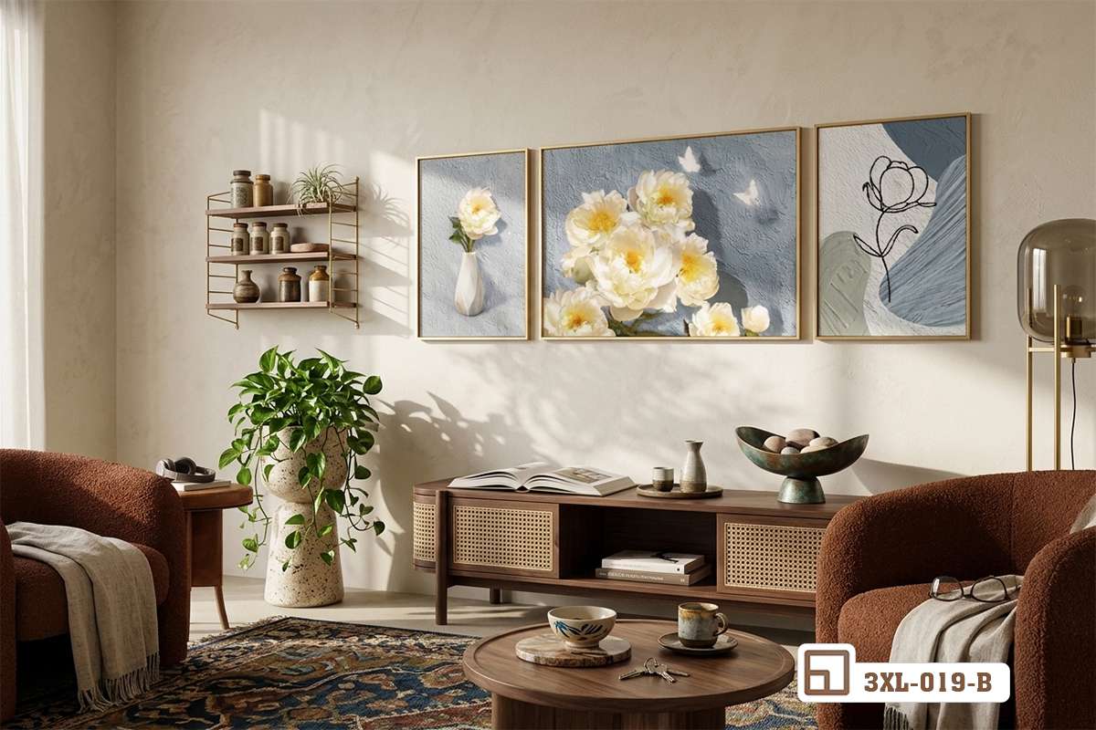 tranh hoa mẫu đơn điểm nhấn tường bê tông hiện đại đương đại Bộ tranh hoa mẫu đơn làm điểm nhấn ấn tượng trên bức tường bê tông mang phong cách hiện đại đương đại