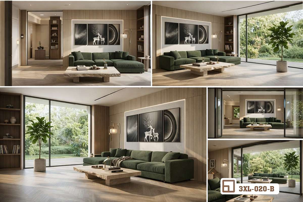 bộ tranh hươu bắc âu collage đa góc nhìn không gian xanh mát Góc nhìn tổng quan đa chiều về bộ tranh hươu bắc âu kết hợp hài hòa cùng cây xanh trong phòng khách thoáng đãng