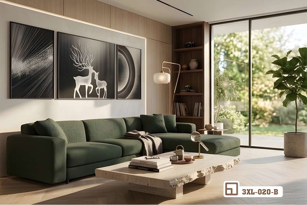 tranh hươu bắc âu nghệ thuật treo tường phòng khách rộng mở Phối cảnh không gian phòng khách rộng mở ngập tràn ánh sáng tự nhiên với bộ tranh hươu bắc âu treo tường