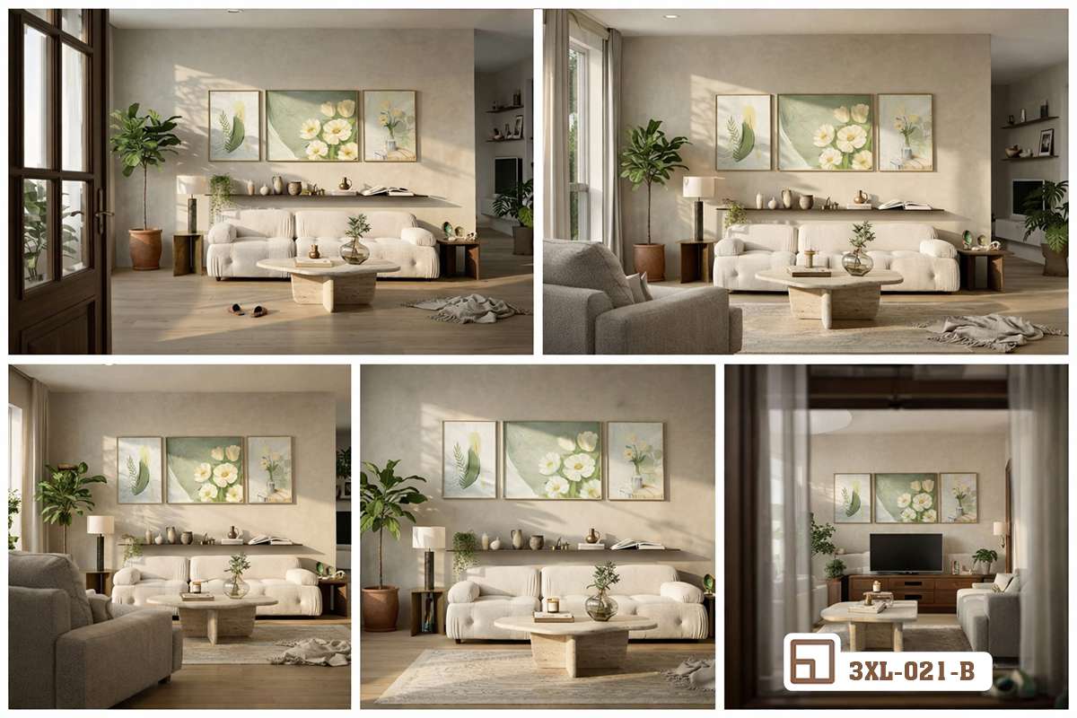 khung ảnh collage tổng hợp các góc phối cảnh tranh hoa tulip vàng trong nhà Tổng hợp các góc nhìn chi tiết và phối cảnh trưng bày bộ tranh hoa tulip vàng trong nhiều không gian nội thất hiện đại khác nhau