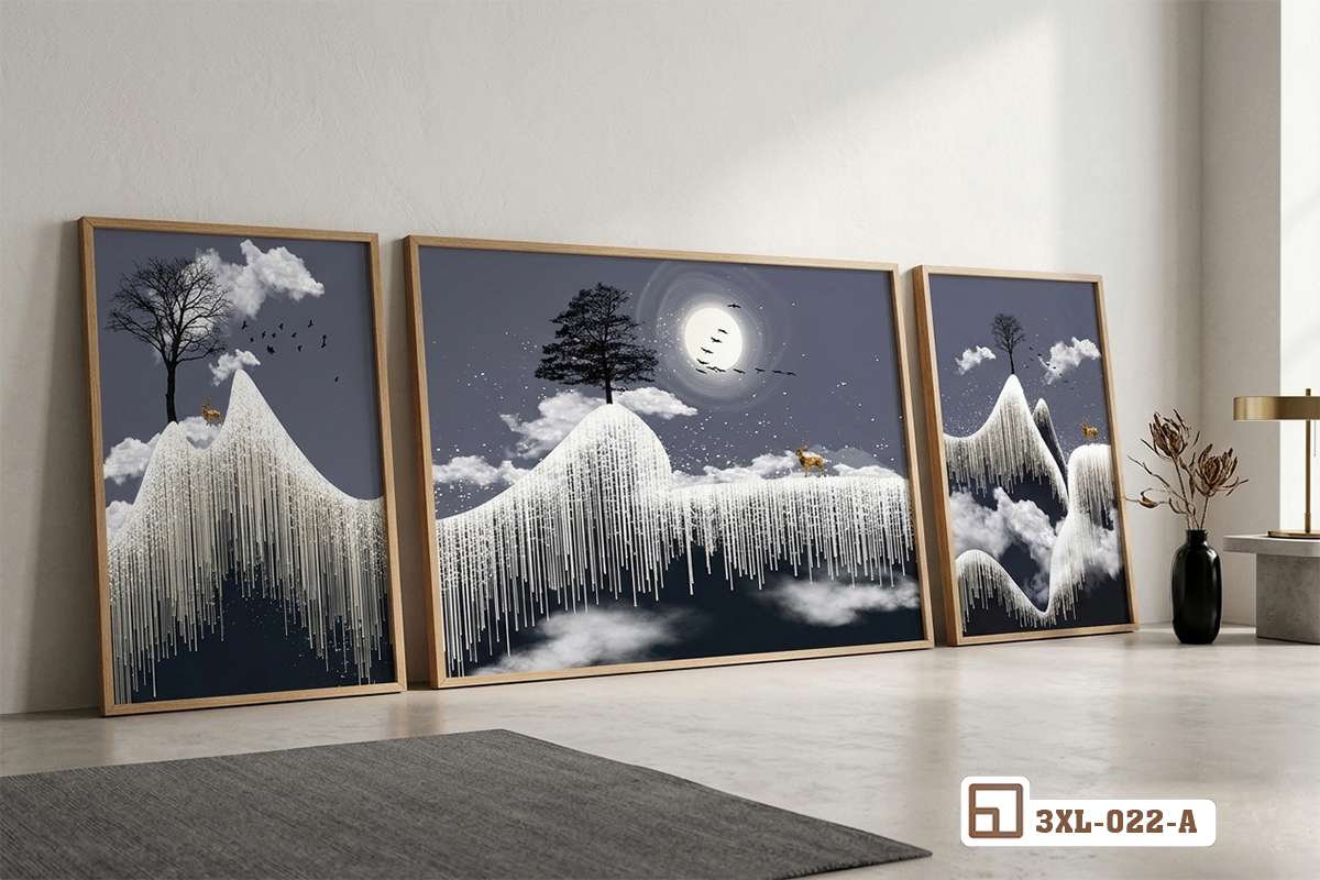 tranh phong cảnh núi tuyết đặt trên sàn gỗ cạnh tường trắng Bức tranh phong cảnh núi tuyết khổ lớn bố trí sát sàn gỗ hiện đại trong phòng khách