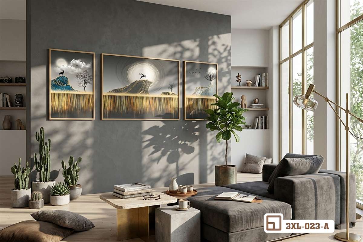 bộ tranh hươu vàng nghệ thuật treo tường không gian mở hướng cửa sổ lớn Không gian nội thất mở ngập tràn ánh sáng với điểm nhấn tranh hươu vàng nghệ thuật
