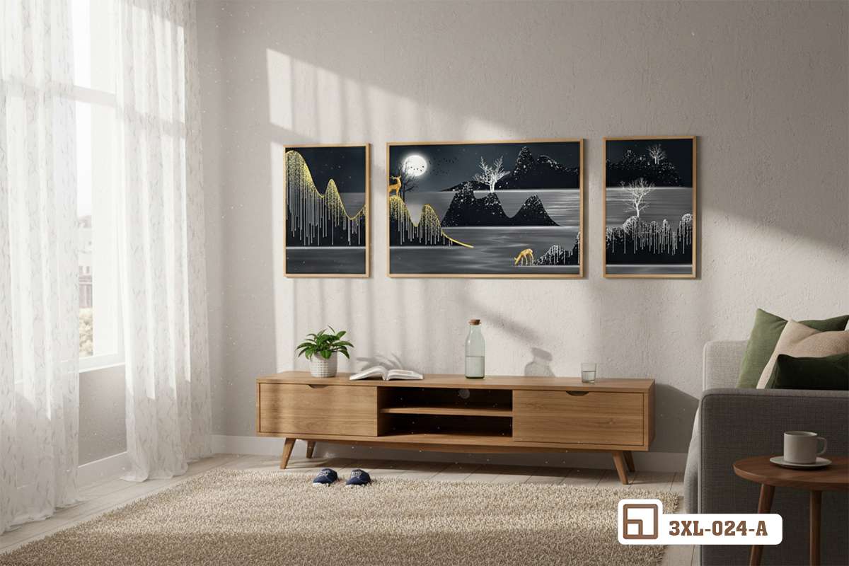 tranh phong cảnh đêm vàng bài trí phòng khách ngập tràn ánh nắng Phối cảnh phòng khách đón ánh nắng tự nhiên làm nổi bật bộ tranh phong cảnh đêm vàng treo tường