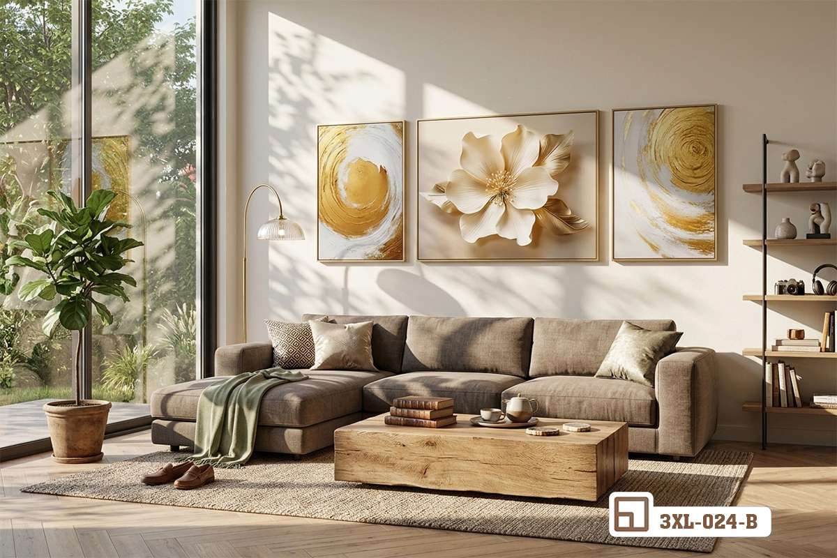 tranh hoa mộc lan vàng treo tường phòng khách ghế sofa nâu Bộ tranh hoa mộc lan vàng bố trí trang trọng phía trên bộ sofa vải màu nâu ấm cúng trong phòng khách hiện đại