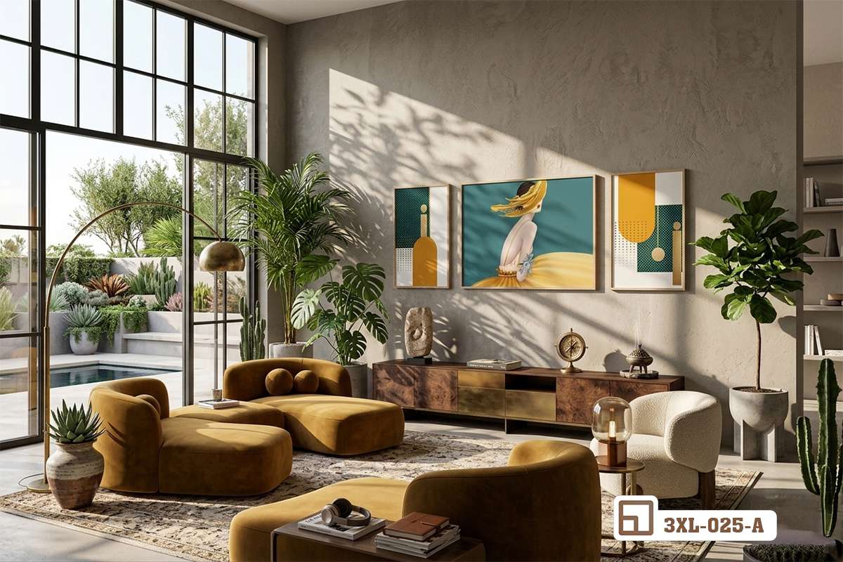 tranh thiếu nữ nghệ thuật treo tường phòng khách kết hợp bộ sofa màu xanh rêu Góc phòng khách sang trọng với tranh thiếu nữ nghệ thuật và sofa xanh rêu