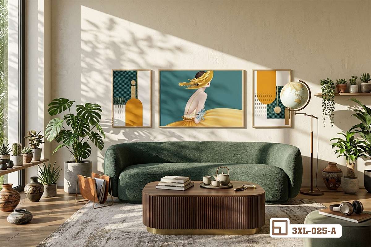 bộ tranh thiếu nữ nghệ thuật treo cao cấp phía trên tủ kệ gỗ hiện đại Không gian phòng khách hiện đại trang trí bộ tranh thiếu nữ nghệ thuật độc bản
