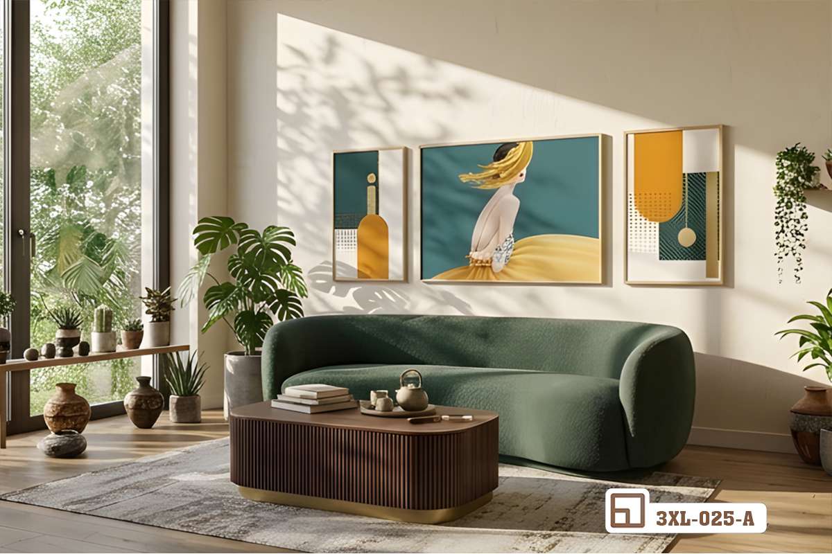 bộ tranh thiếu nữ nghệ thuật kết hợp thảm trải sàn và bàn trà gỗ phòng khách Phòng khách tinh tế với thảm sàn cao cấp và bộ tranh thiếu nữ nghệ thuật đương đại