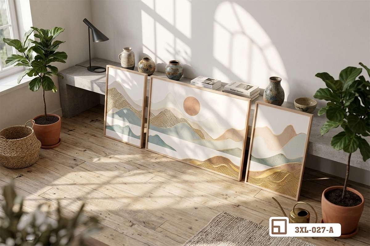 tranh phong cảnh đồi núi đặt tựa sàn gỗ ngập tràn ánh nắng rọi qua cửa kính Bức tranh phong cảnh đồi núi bố trí tự nhiên dưới sàn đón ánh sáng ban mai