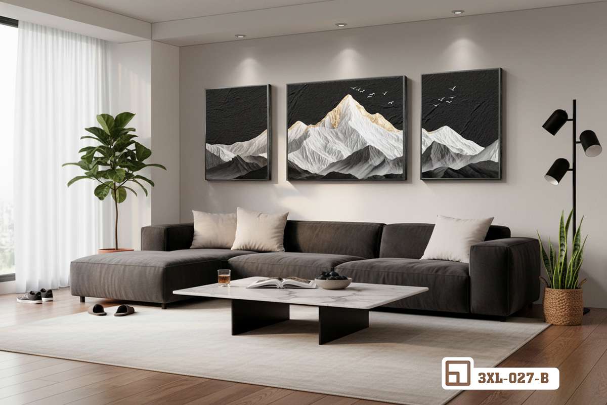 bộ tranh đỉnh núi treo tường phòng khách ghế sofa xám Bộ tranh đỉnh núi ba tấm treo tường phía trên bộ sofa phòng khách màu xám hiện đại