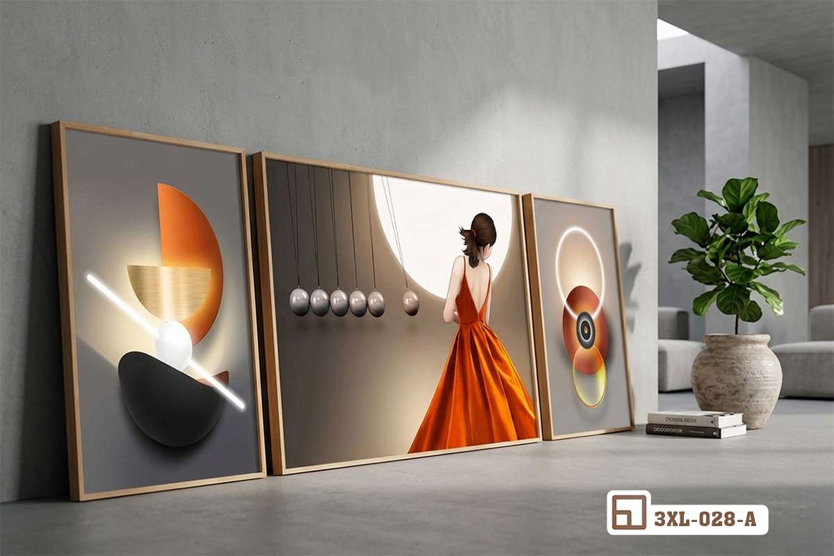 tranh thiếu nữ hoàng hôn bố trí mảng tường lớn cạnh cây xanh Bộ tranh thiếu nữ hoàng hôn treo tường nổi bật trên mảng tường sơn hiệu ứng cạnh chậu cây xanh mát